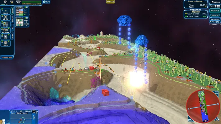 The 3D graphics of Creeper World 4. I minimap in the corner lets you see the battle field while floating blue sacs hover above the ground.