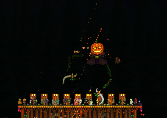 Fighting the Pumpking with a bunch of the cool costume drops on mannequins below.